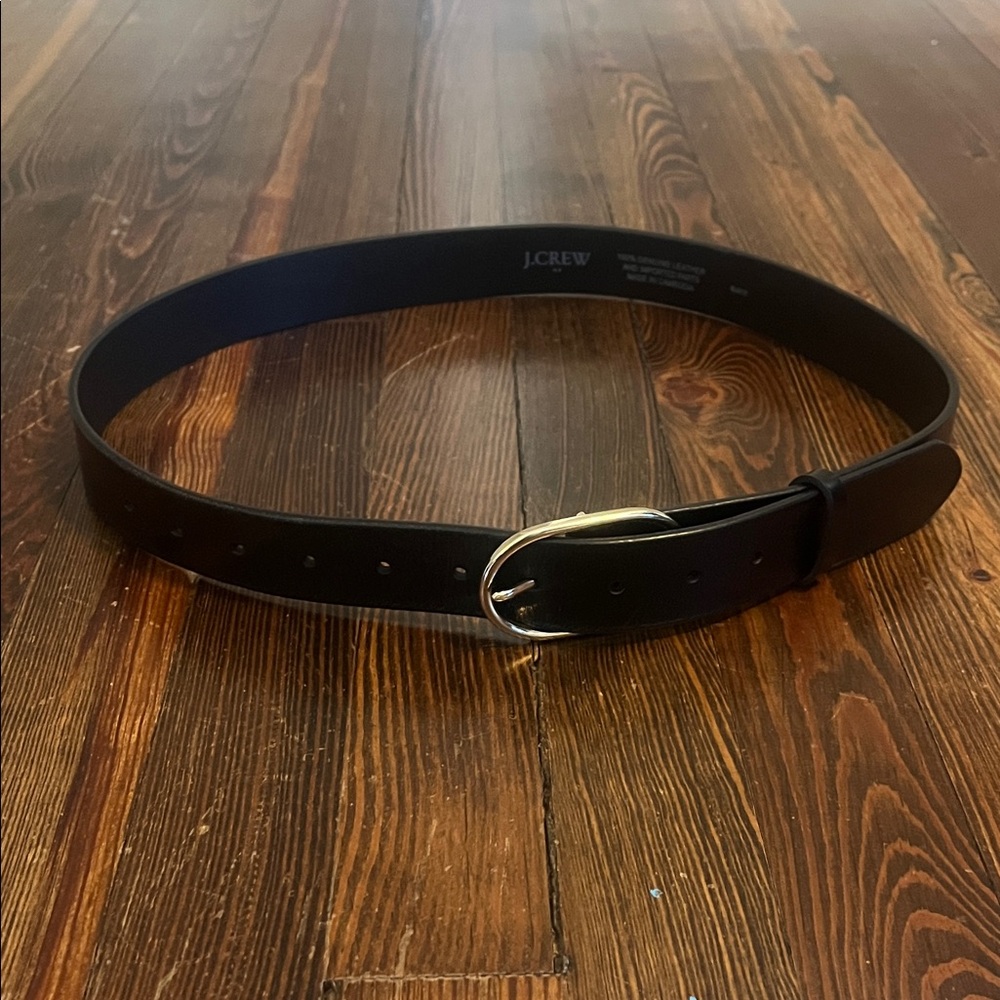 J. Crew Black Leather Belt with Silver-Tone Oval Buckle
